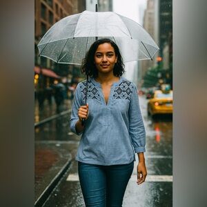 VILAGALLO | Navy and White Striped Blouse with Cross Stitch Embroidered Shoulder
